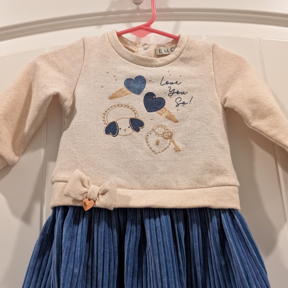 Charming Cream and Blue Kids Dress - Picture 3 of 6